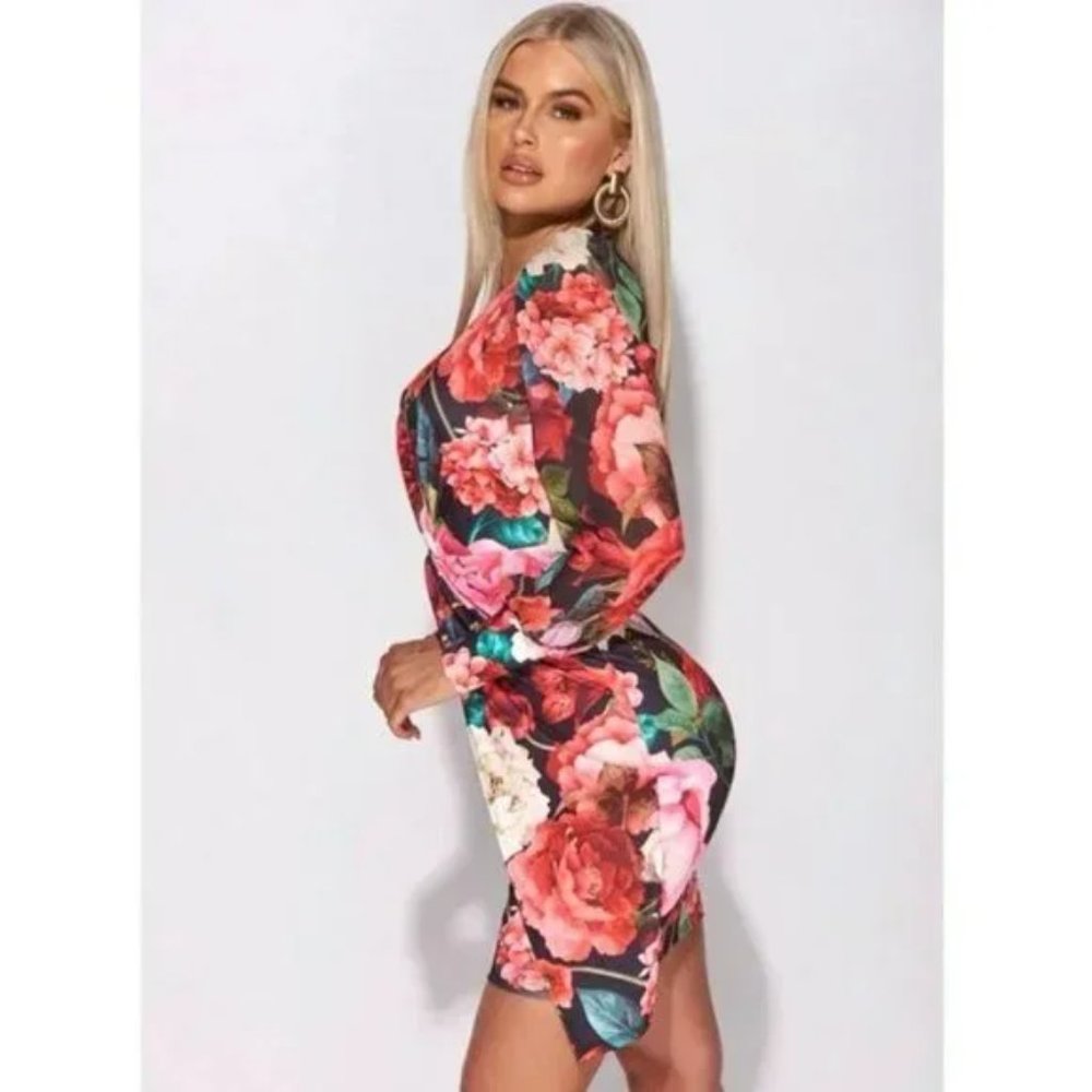 Black Floral Print Long Sleeve V-Neck Bodycon Mini Dress - Picture 5 of 13